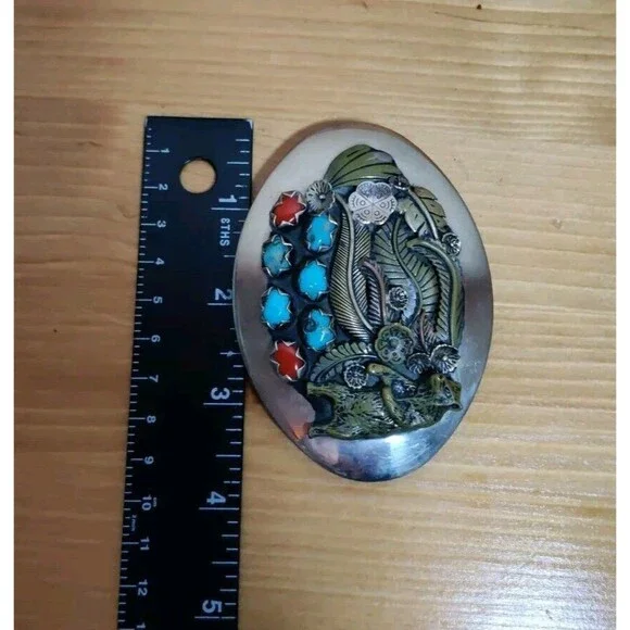 VINTAGE NAVAJO HANDMADE CORAL TURQUOISE Bear Feather SILVER BELT BUCKLE - Picture 6 of 7